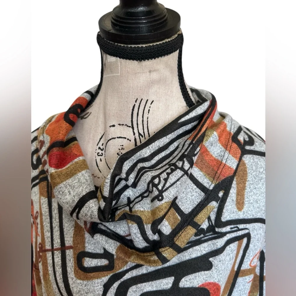 Jess & Jane Abstract Print Tunic Top Cowl Neck Sweater Medium Made USA Lagenlook